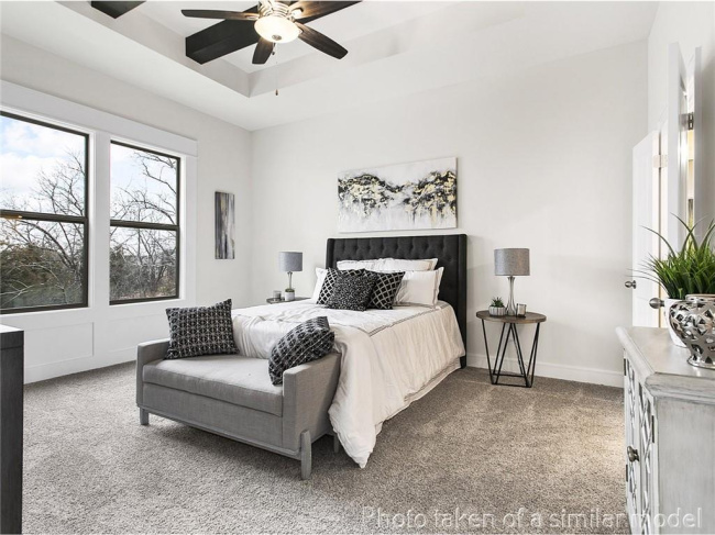 Carpeted bedroom with a raised ceiling and a ceiling fan