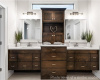 Bathroom with double vanity, tile patterned floors, and plenty of natural light